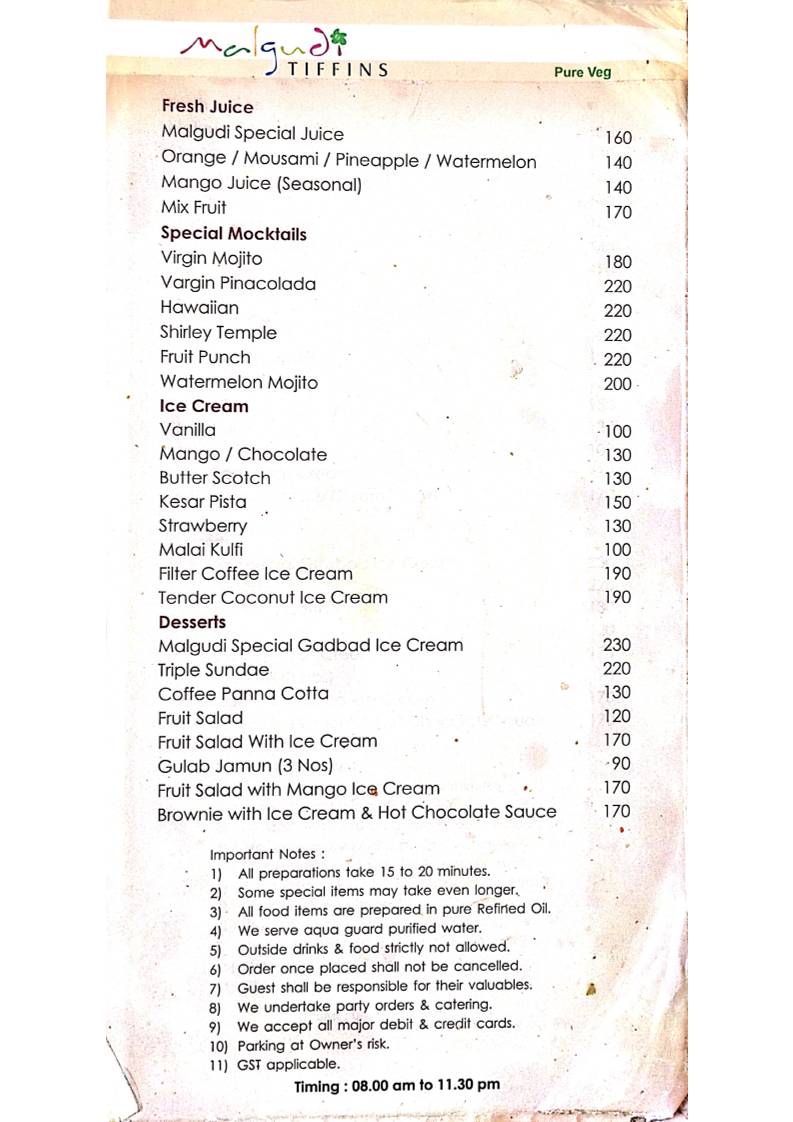 Malgudi Tiffins menu