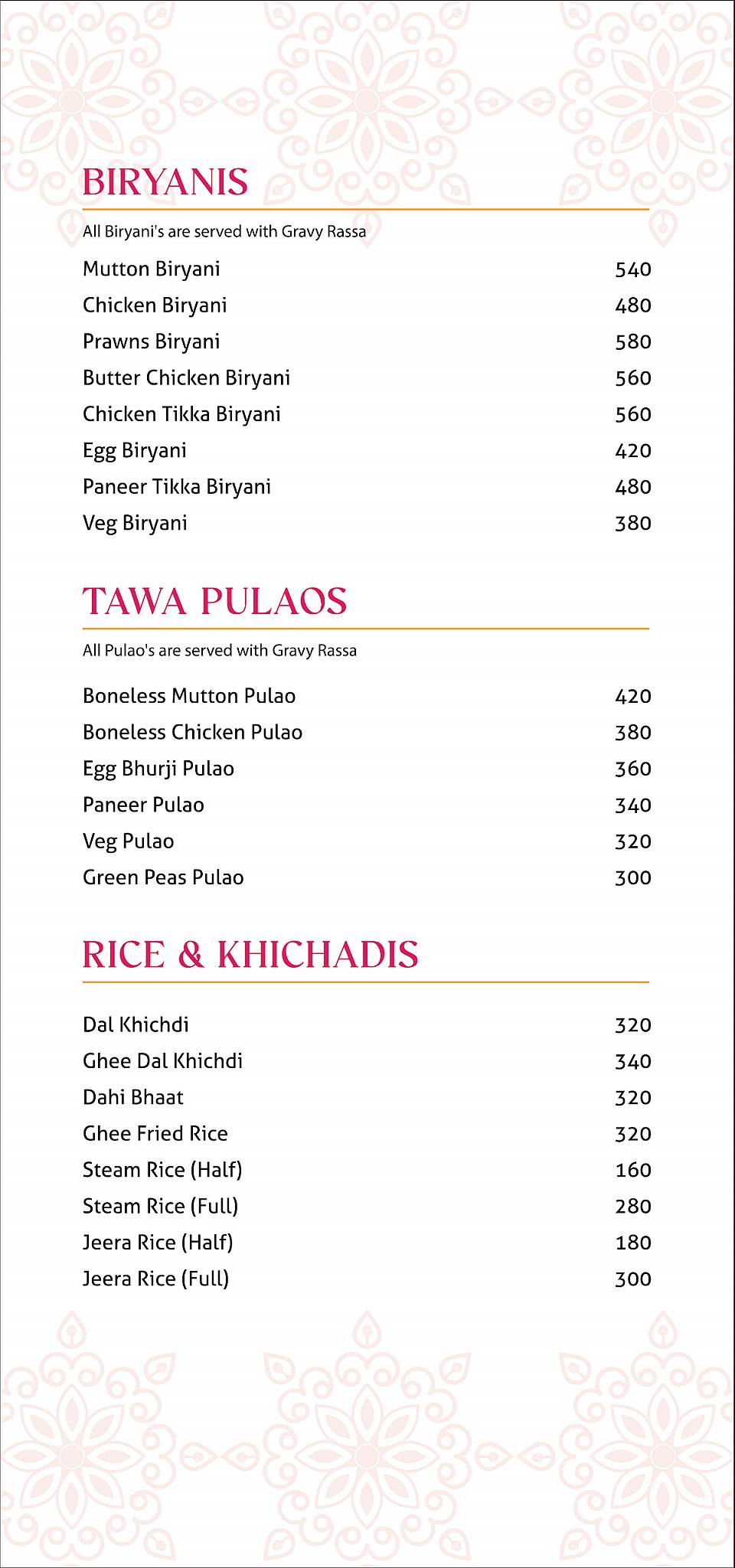 Masala Mehfil menu