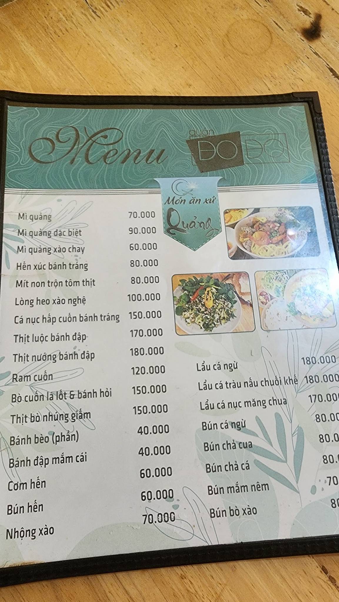 Menu at Quán Đo Đo restaurant, Ho Chi Minh City
