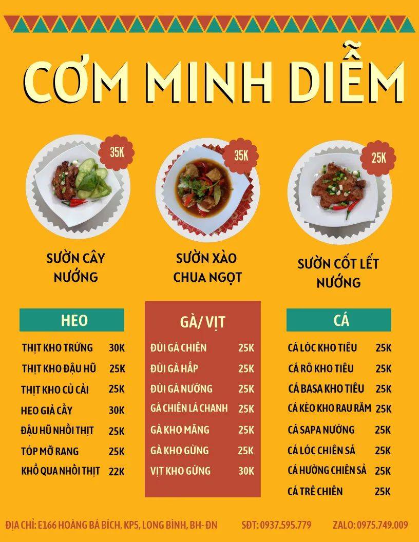 Menu at Quán cơm Minh Diễm restaurant, Bien Hoa