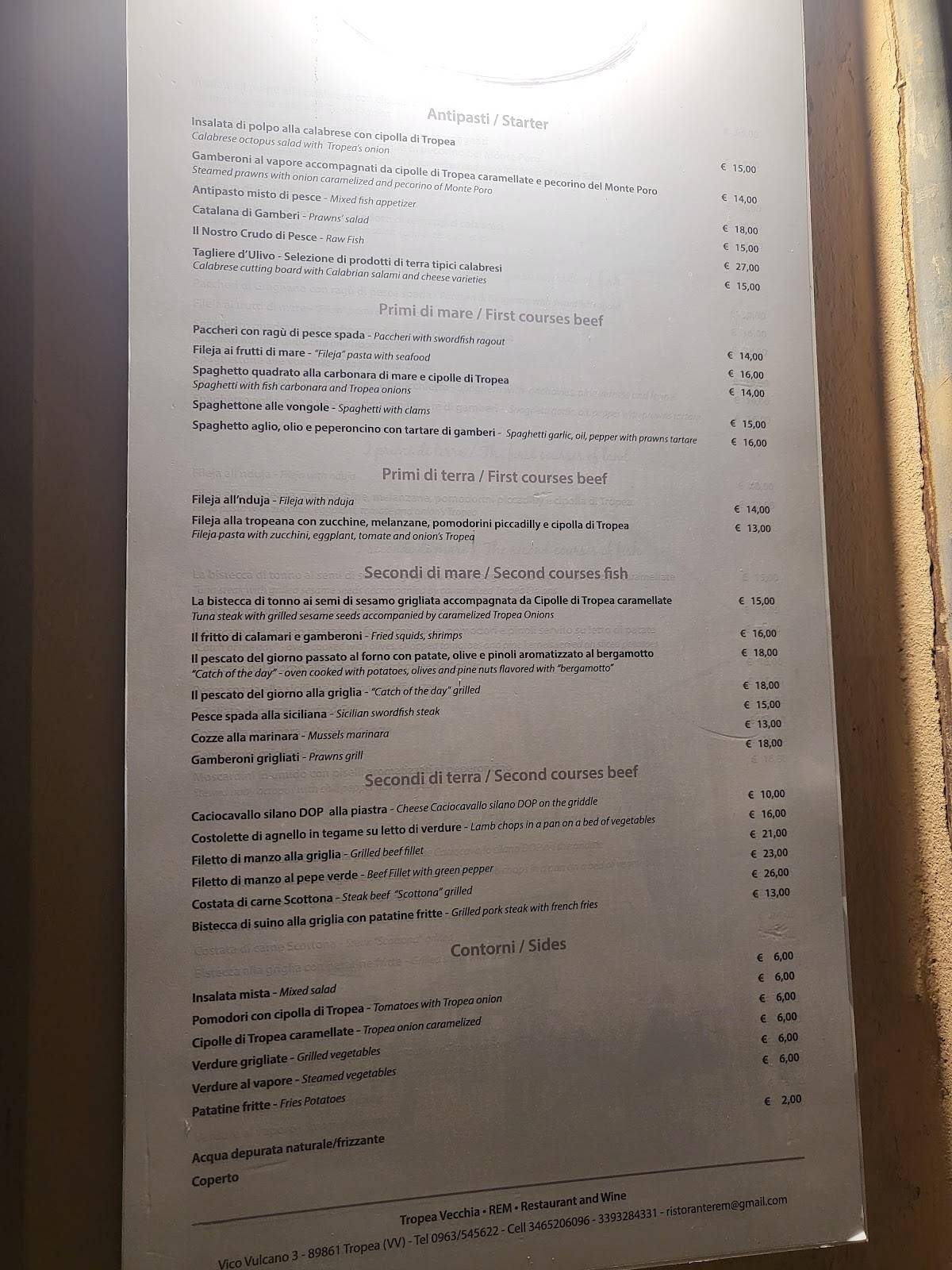 Menu di REM Restaurant Tropea Vecchia 
