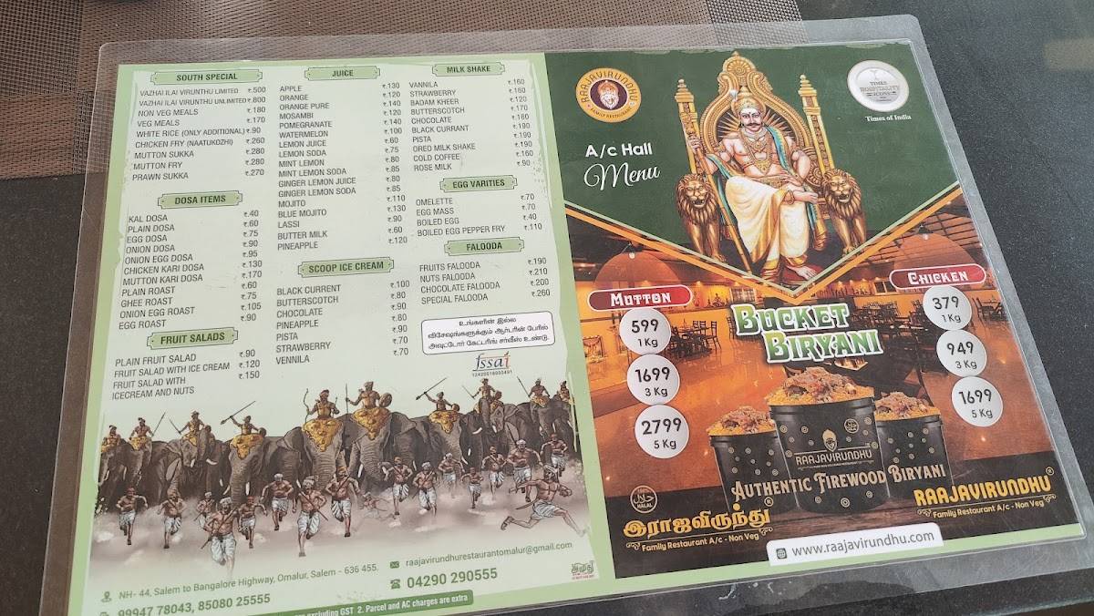Raajavirundhu family restaurant menu