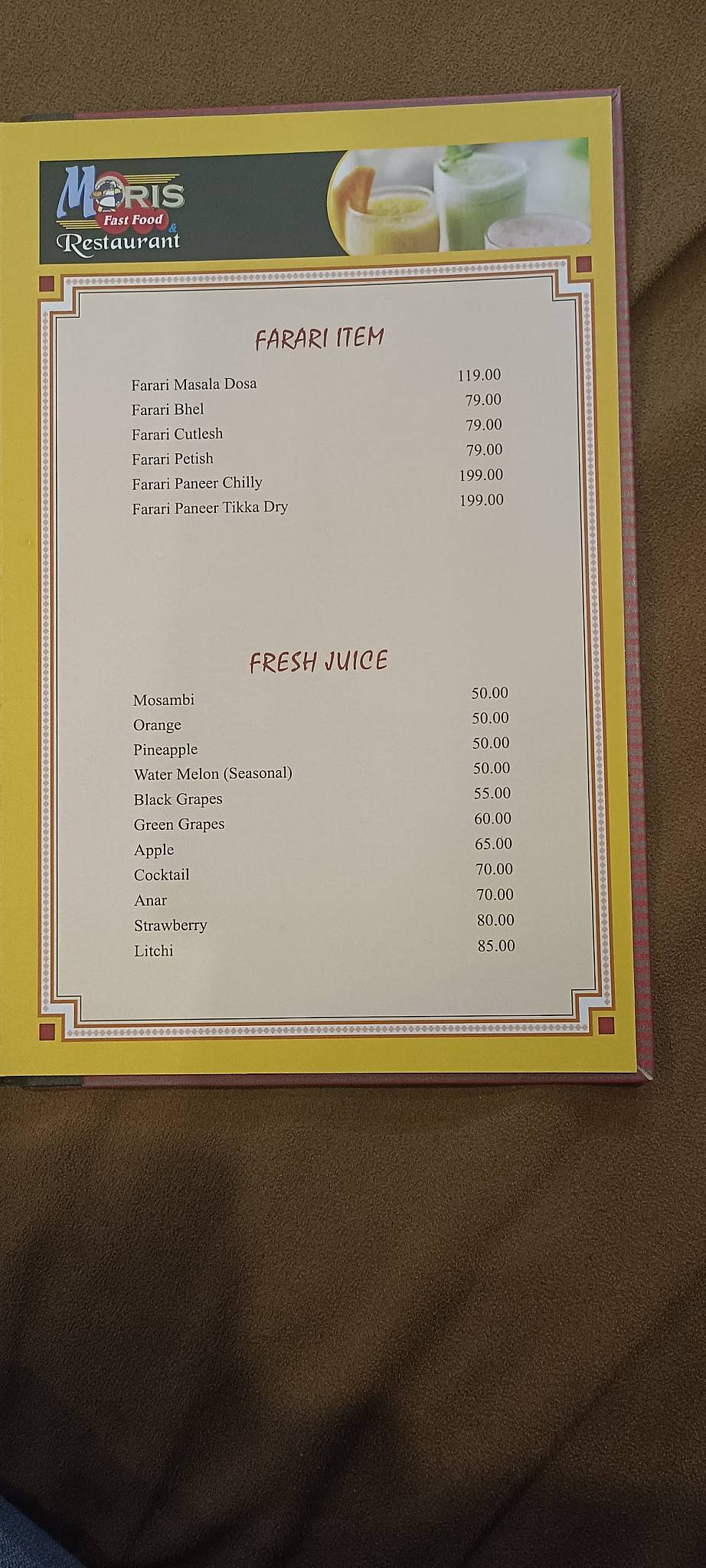 Moris Multicusine Restaurant menu