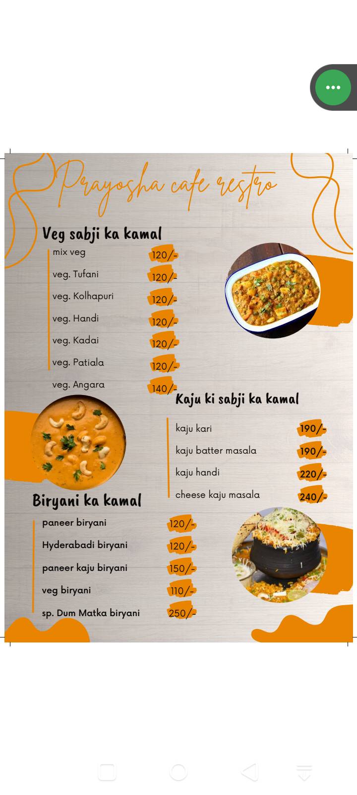 Prayosha food point menu