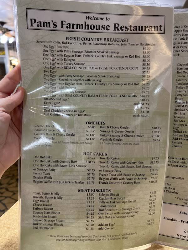 Menu at Pam's Farmhouse Restaurant, Raleigh