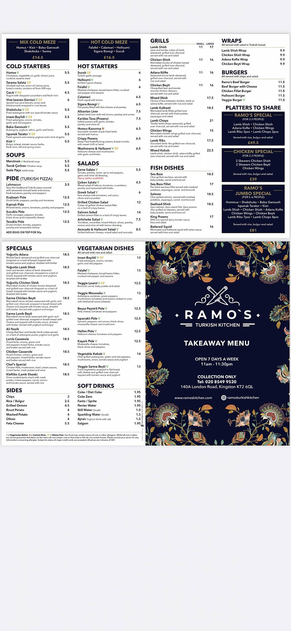 Menu at Ramo's Turkish Kitchen restaurant, Kingston upon Thames