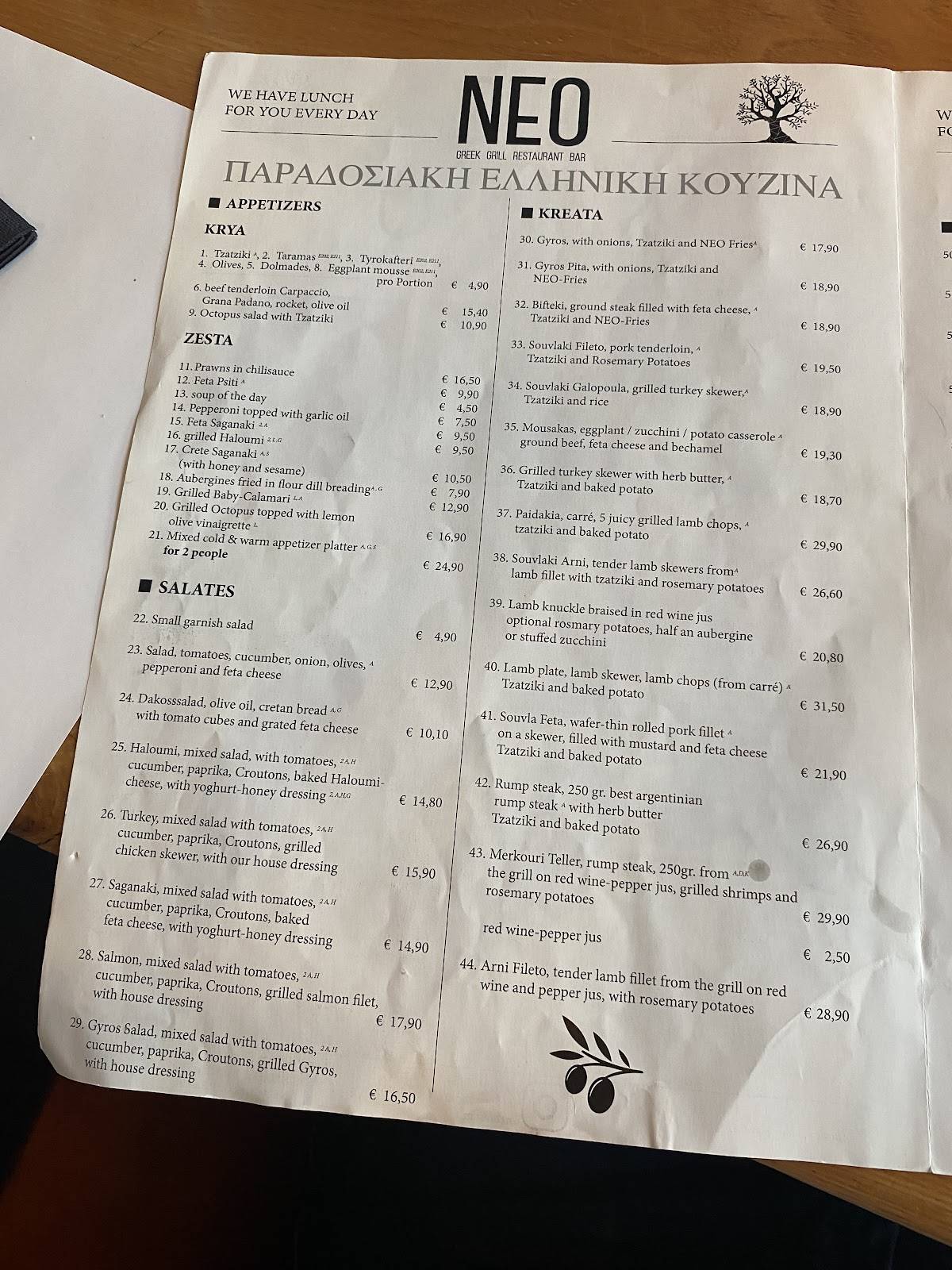 Menu de NEO Greek Grill Bar