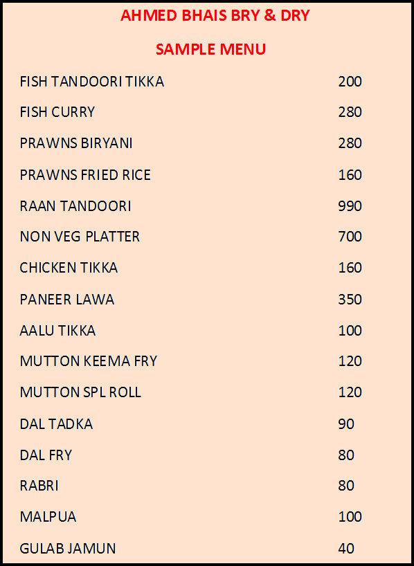 Ahmed Bhai's Bry & Dry menu