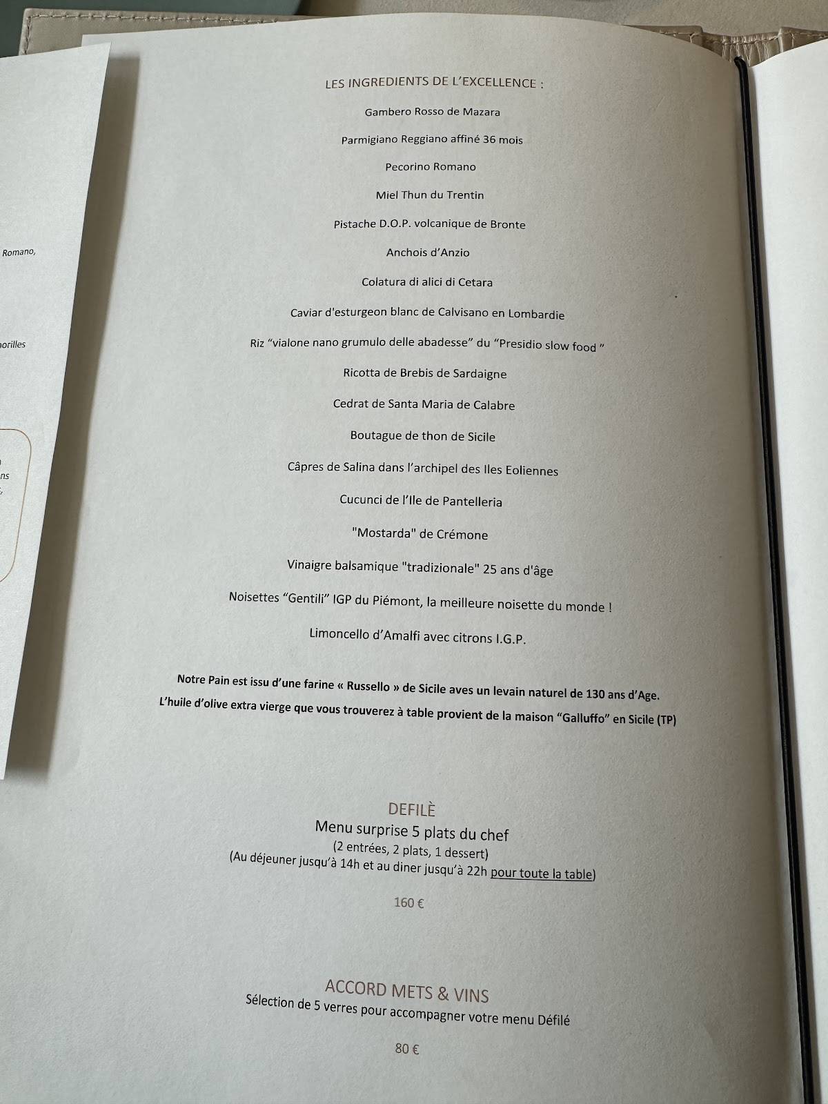 Menu de ARMANI/RISTORANTE PARIS
