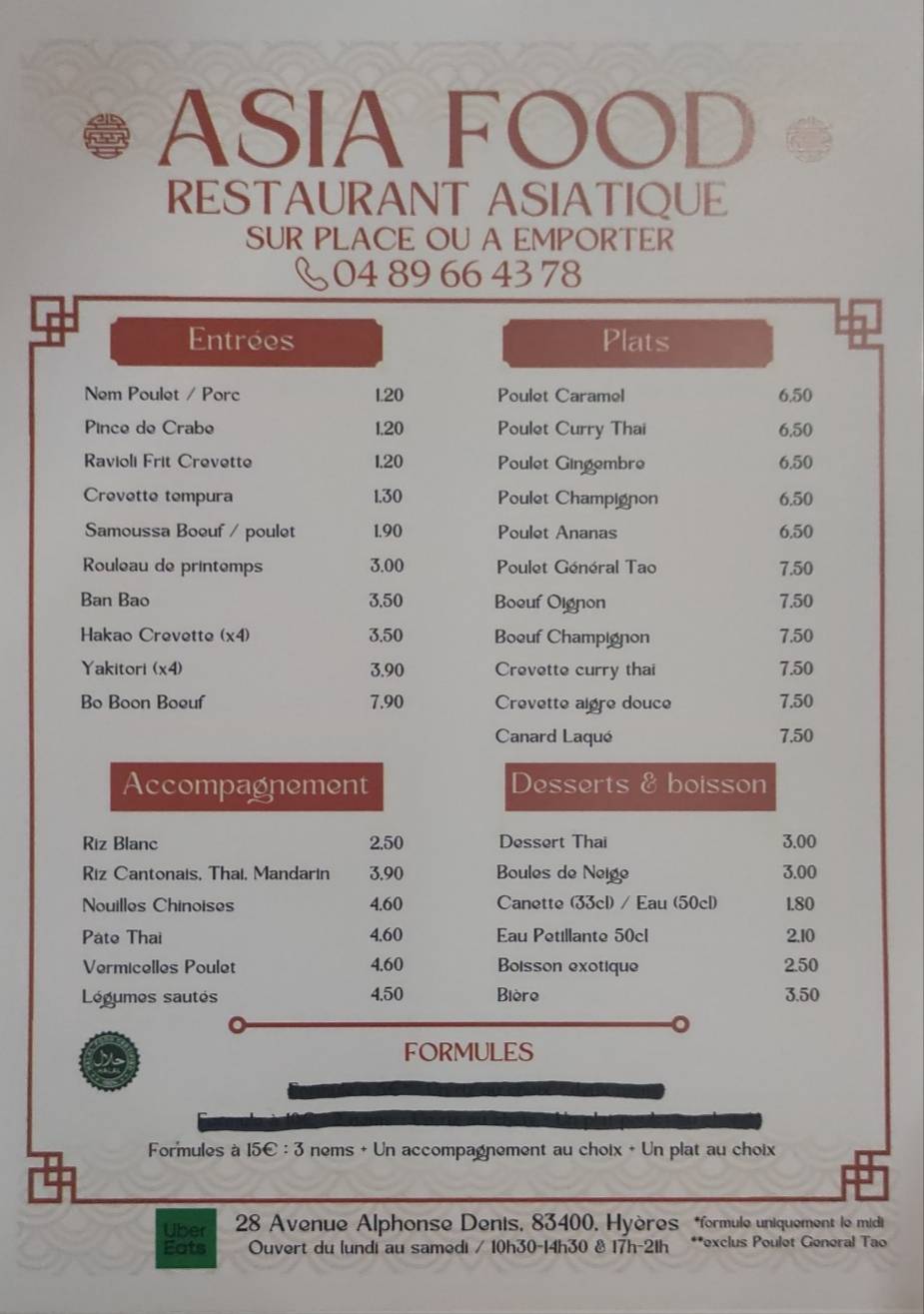 Menu de Restaurant Asia food