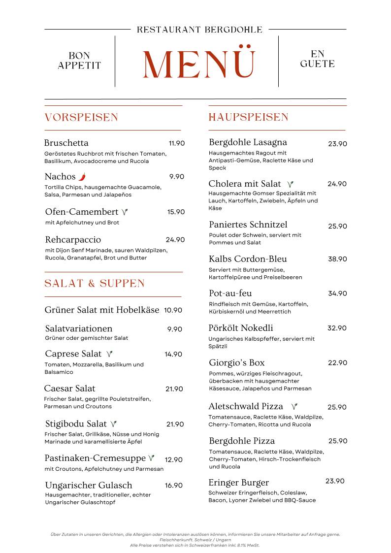 Menu di Restaurant Bergdohle Riederalp 