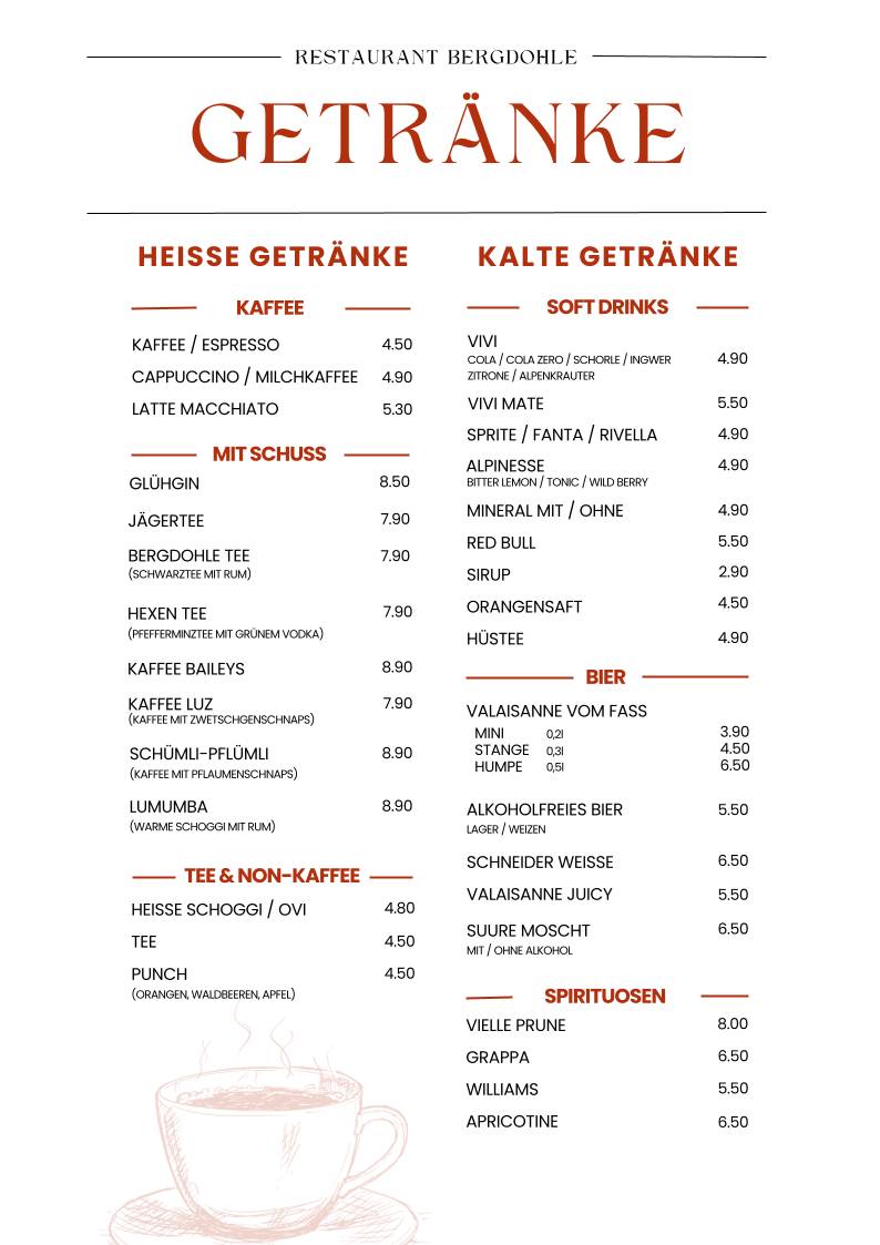 Menu di Restaurant Bergdohle Riederalp 