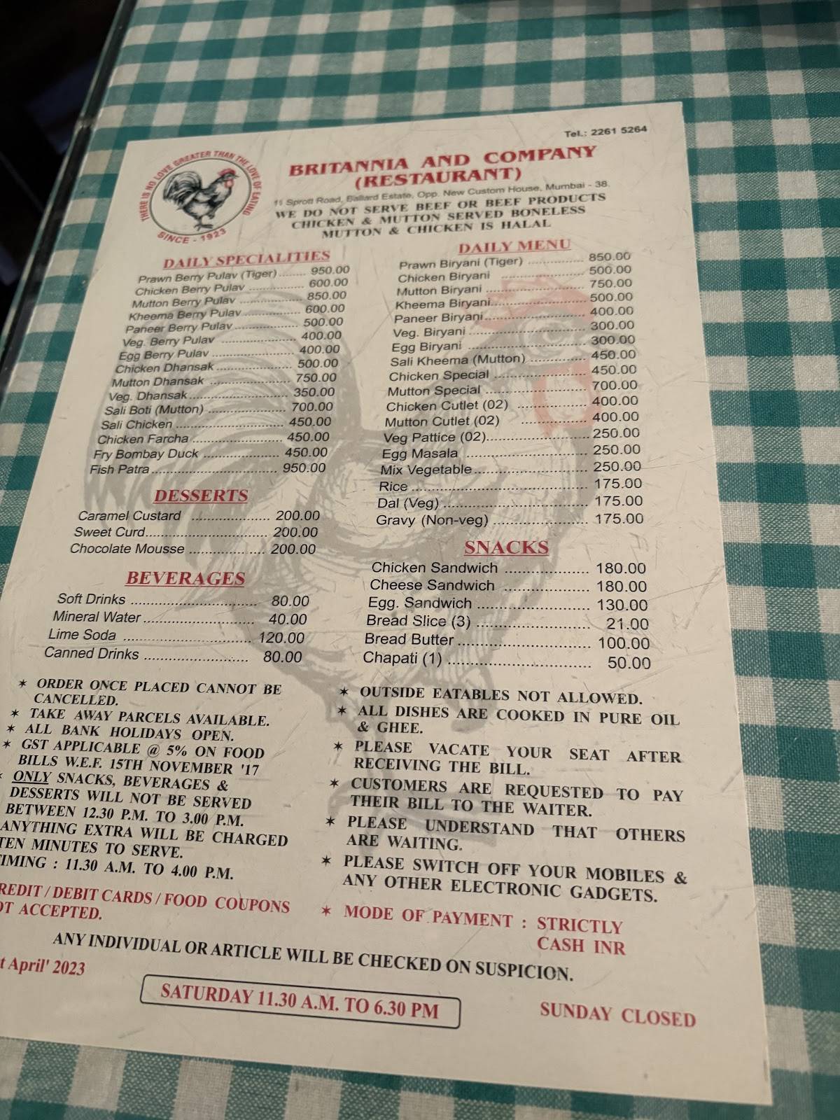 Britannia & Company menu