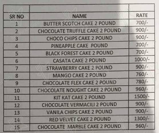 Brown Bake menu