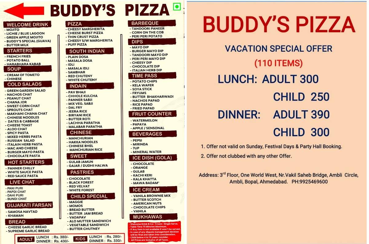 Buddy's Pizza menu
