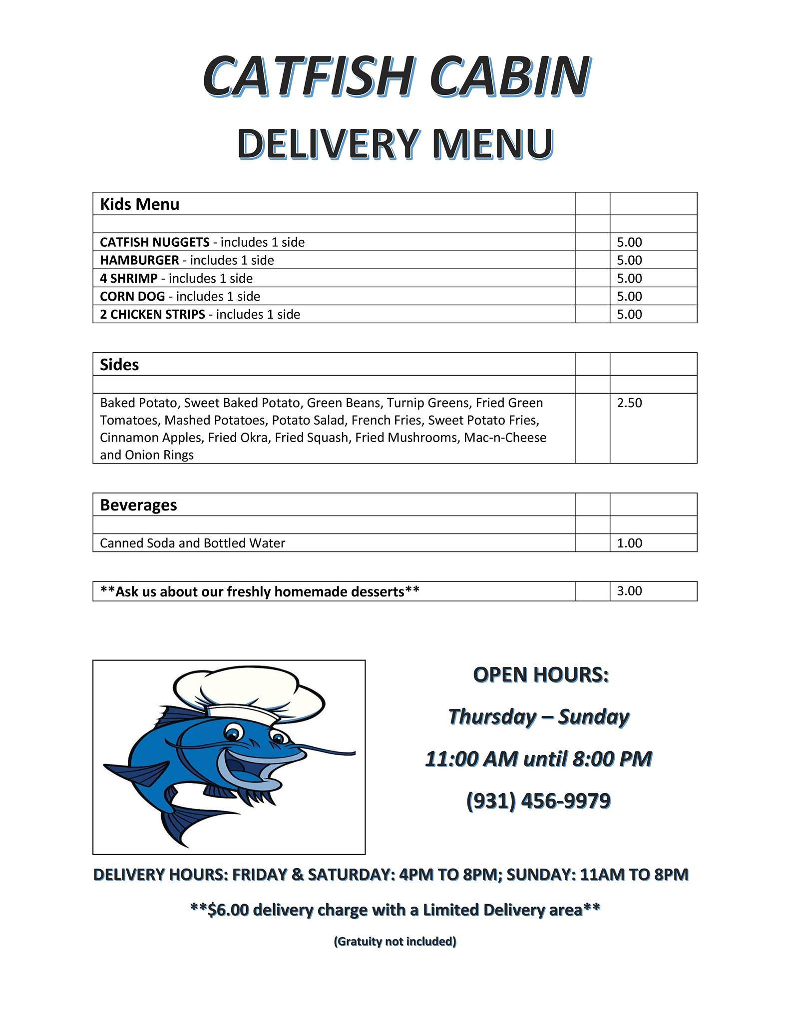 Menu at Catfish Cabin restaurant, Crossville, Peavine Rd