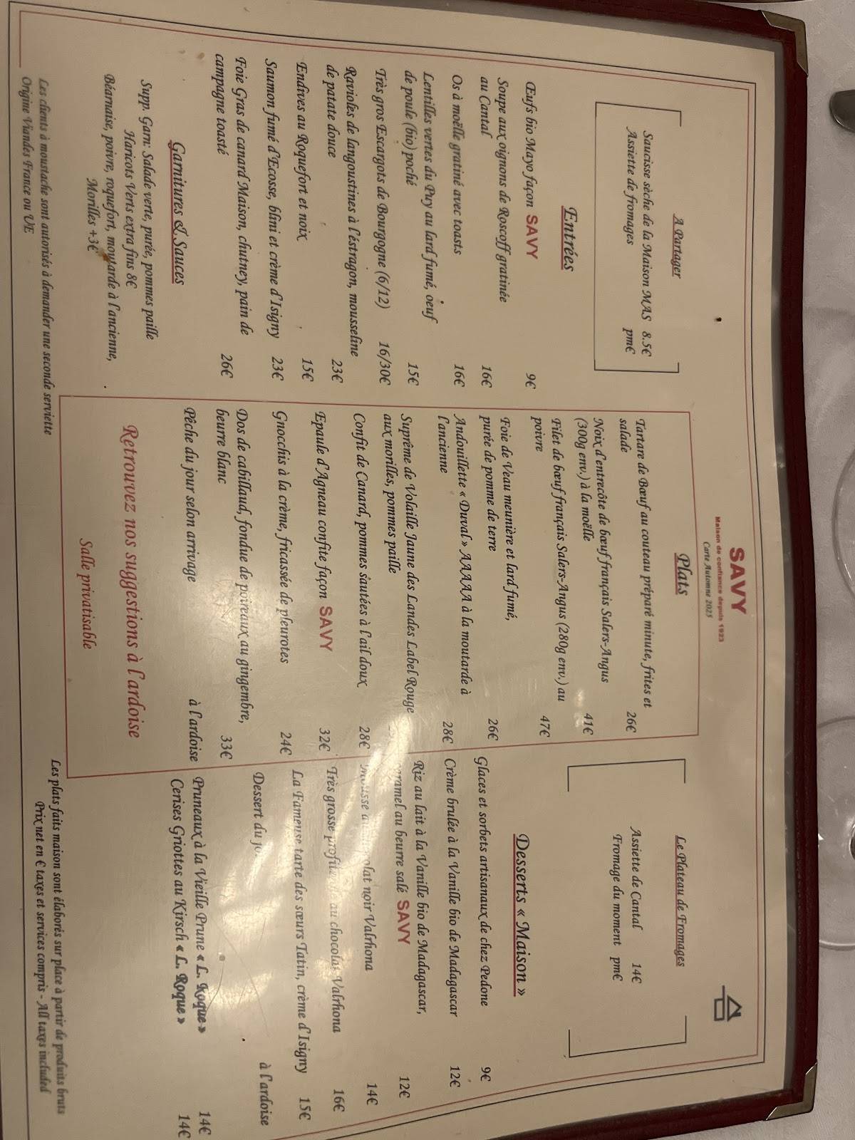 Menu de Chez Savy