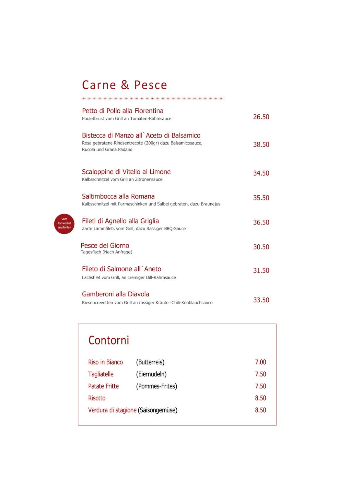 Menu di Cucina Niederdorf 