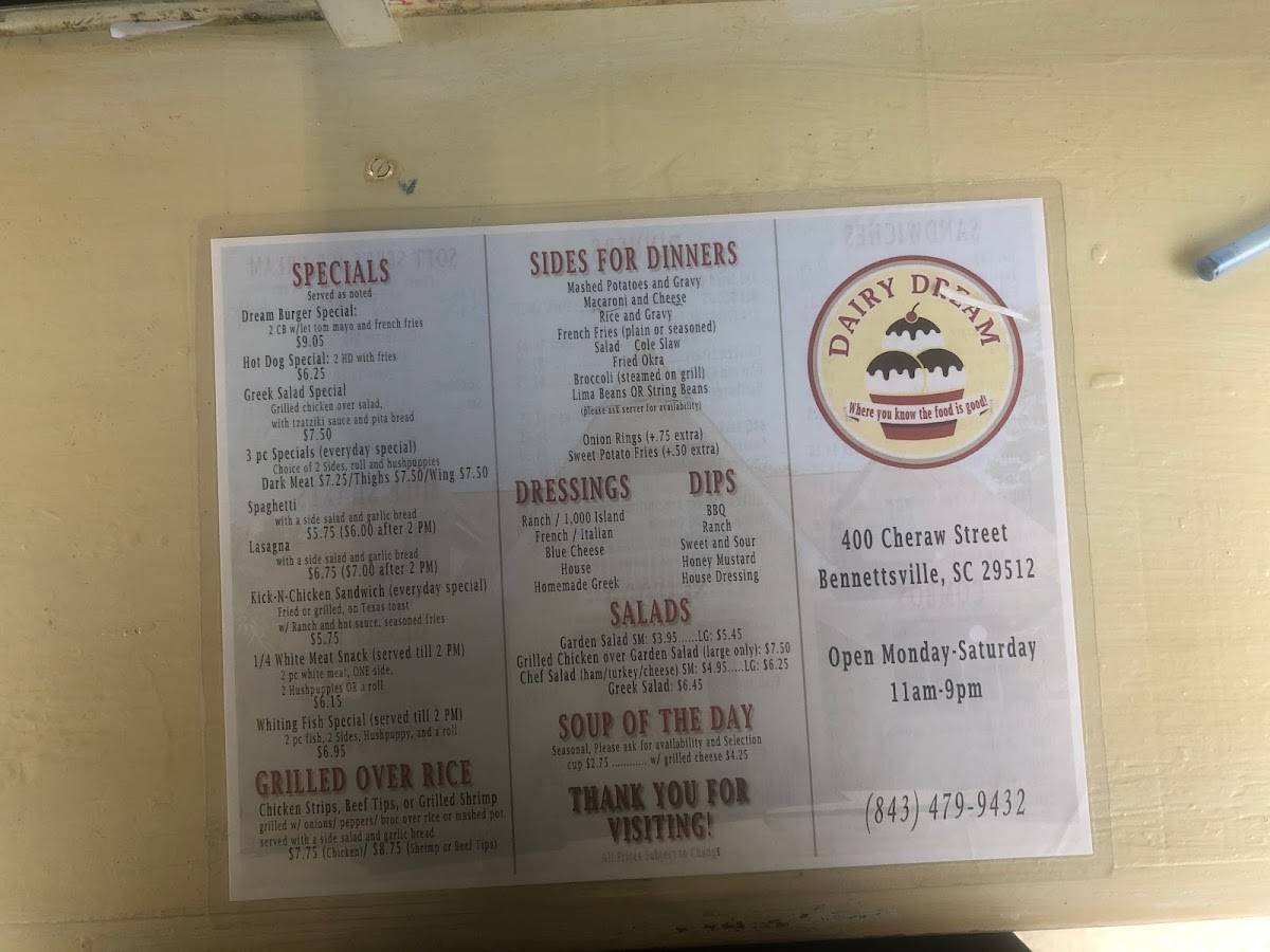 Menu at Dairy Dream Drive In restaurant,