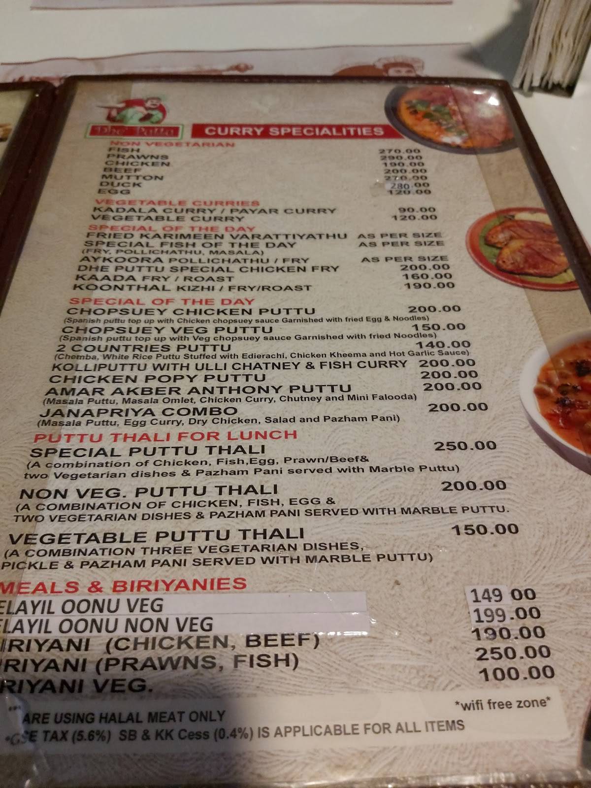 Dhe Puttu menu