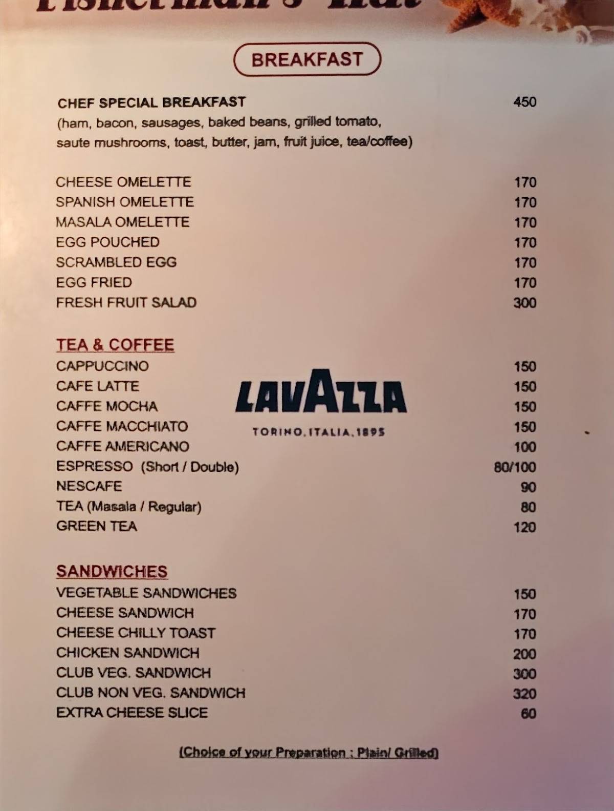 Fisherman's Beach Shack Restaurant Candolim Goa menu