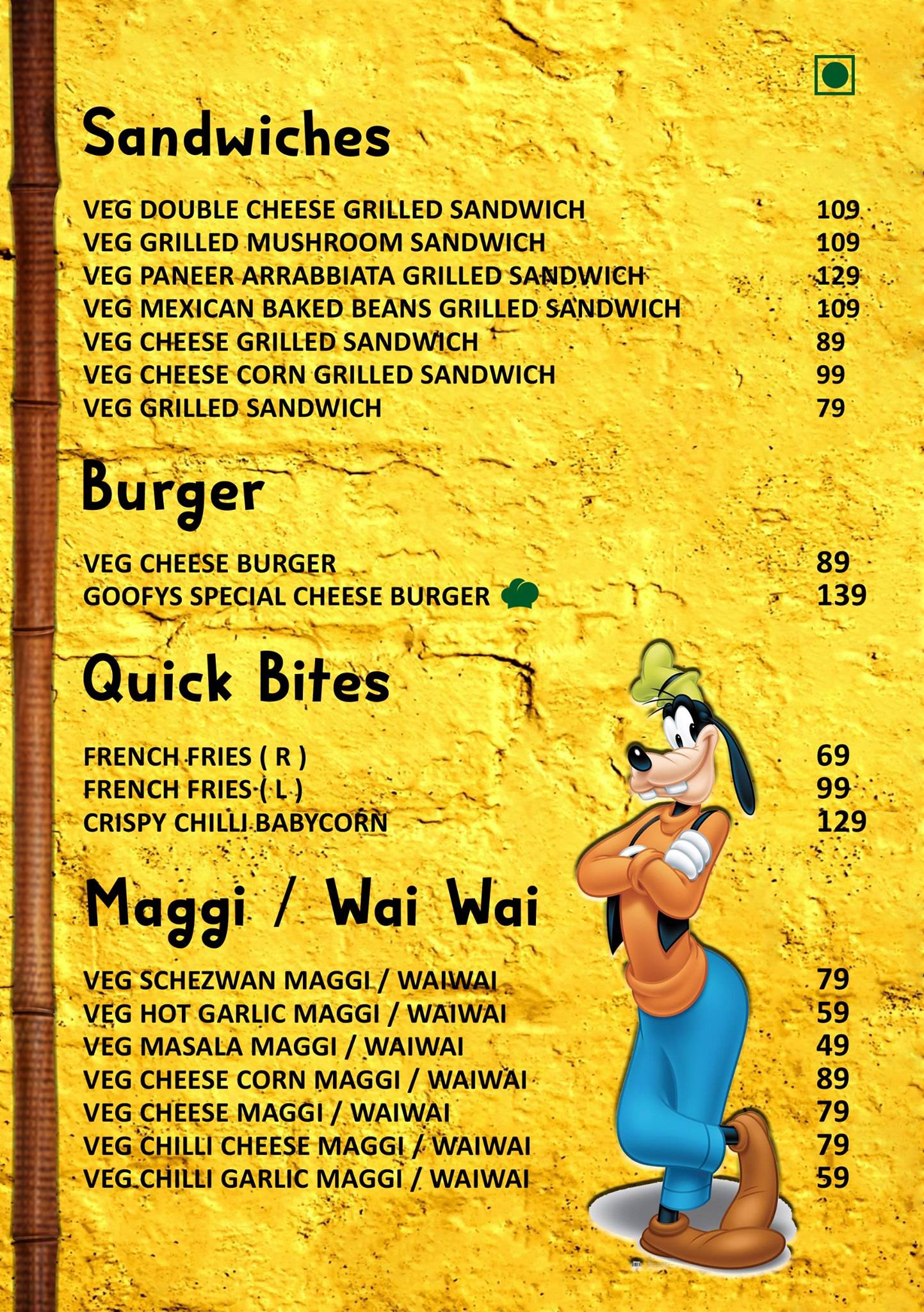 Goofys Cafe menu