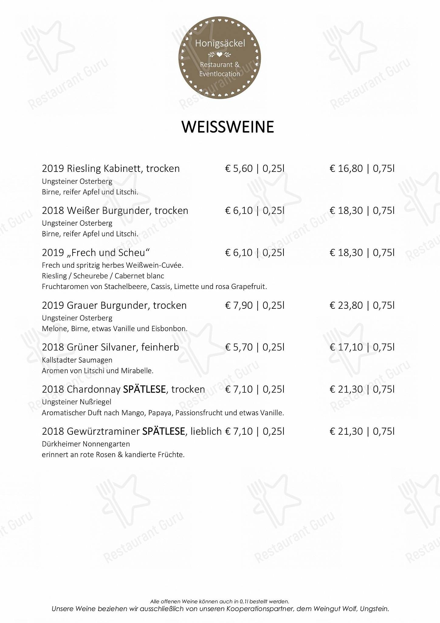 Speisekarte von Restaurant Honigsäckel, Bad Dürkheim, Weinstraße 82