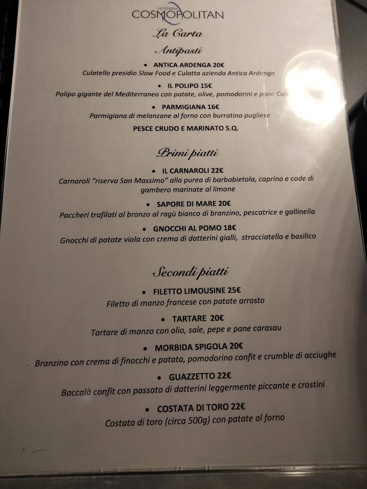 Menu di Hostaria Cosmopolitan 