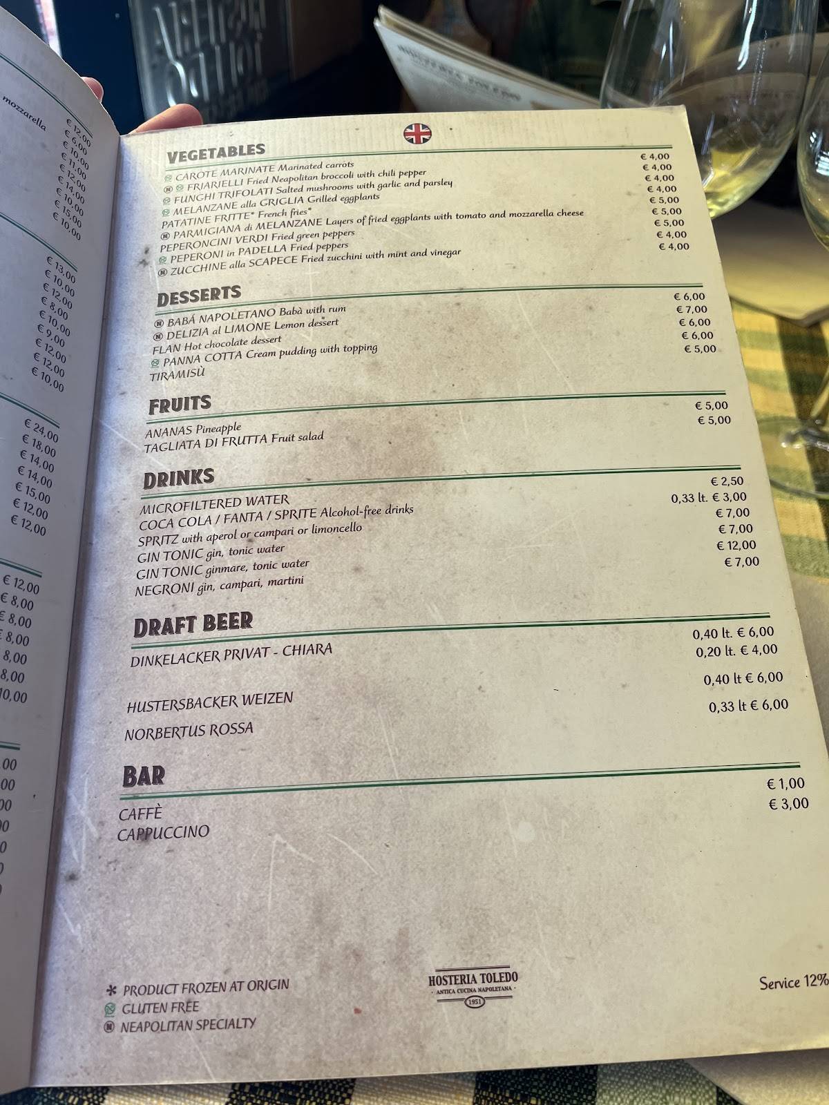Menu di Hosteria Toledo 1951 