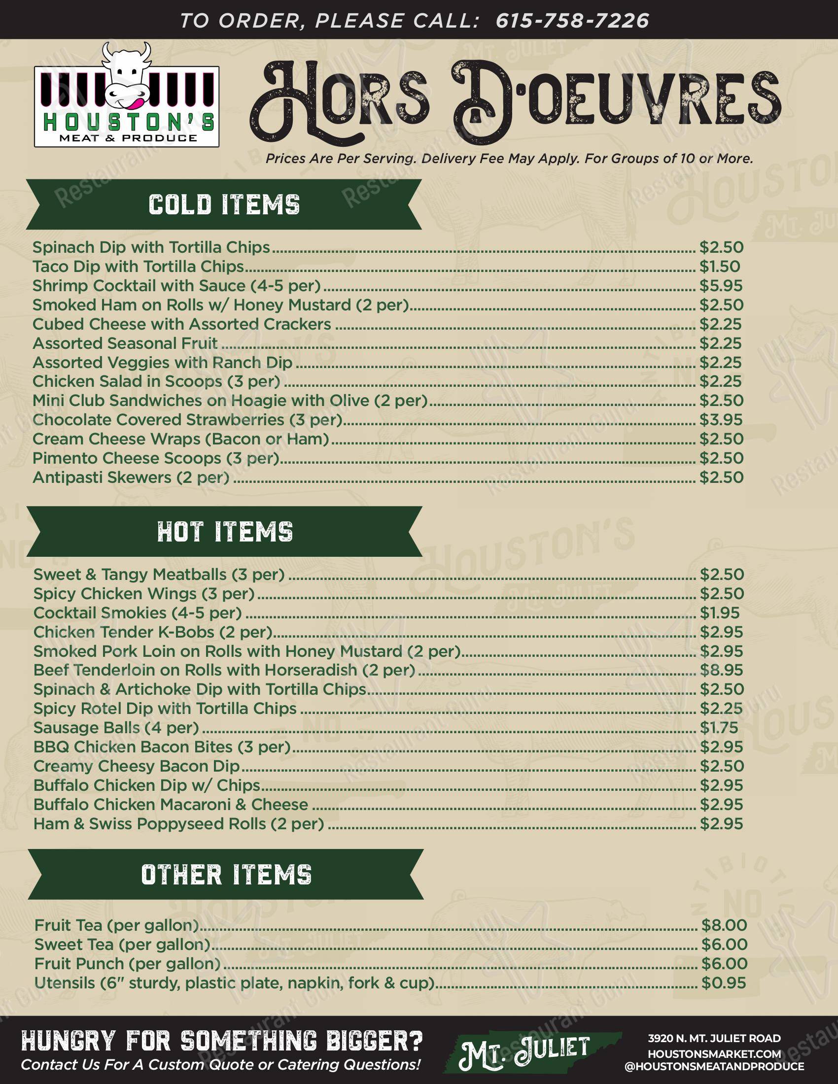 Menu at Houstons Meat Market restaurant, Mount Juliet