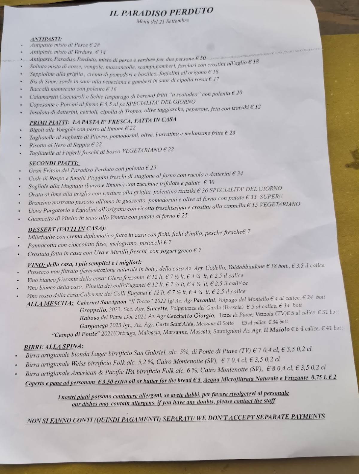 Menu di Paradiso Perduto 