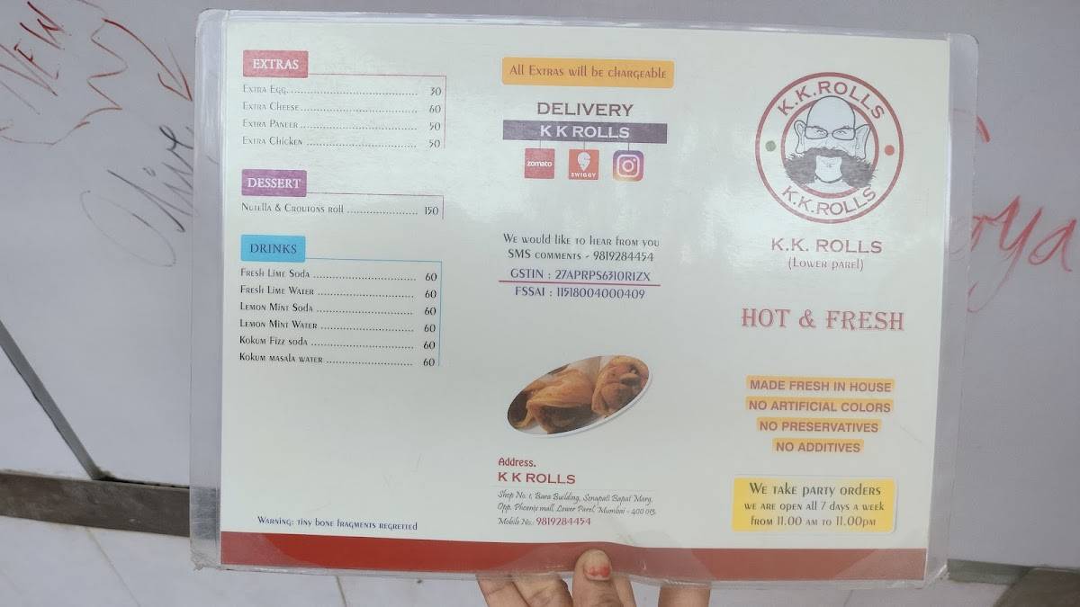 K K Rolls menu