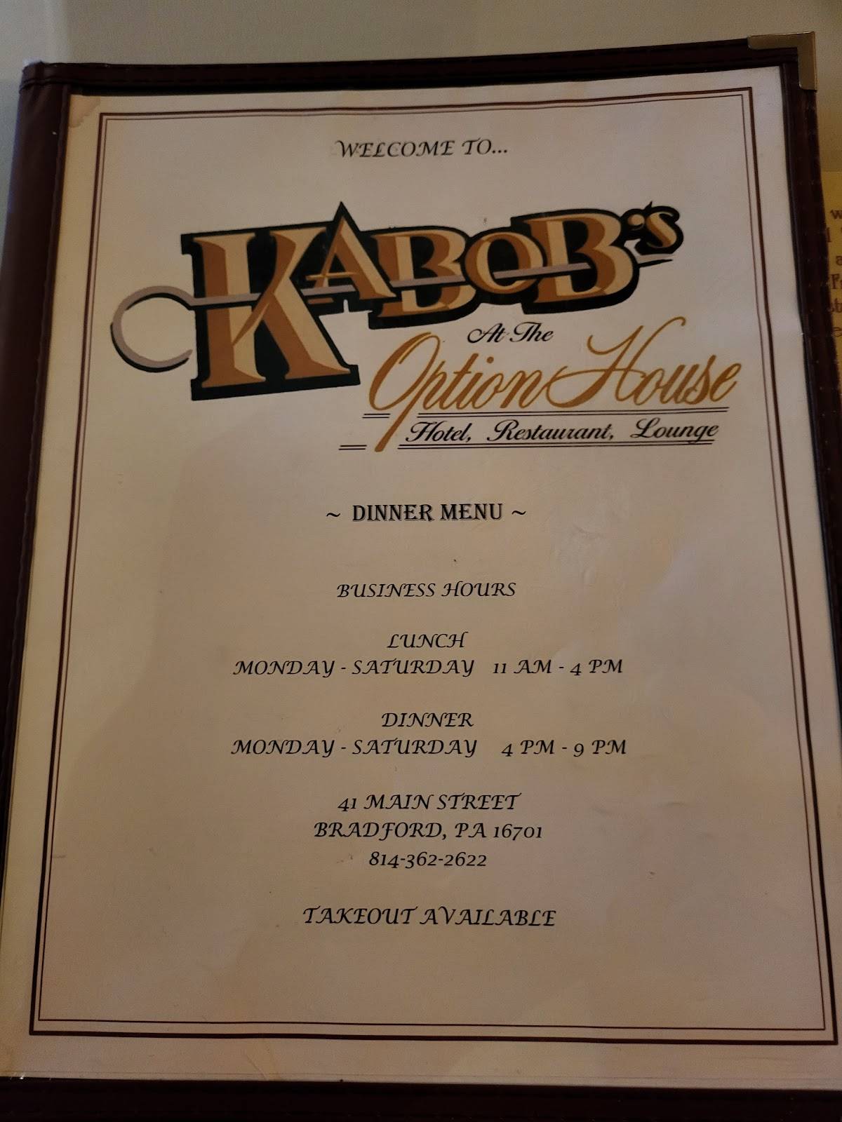 Menu at Kabob's at The Option House restaurant, Bradford