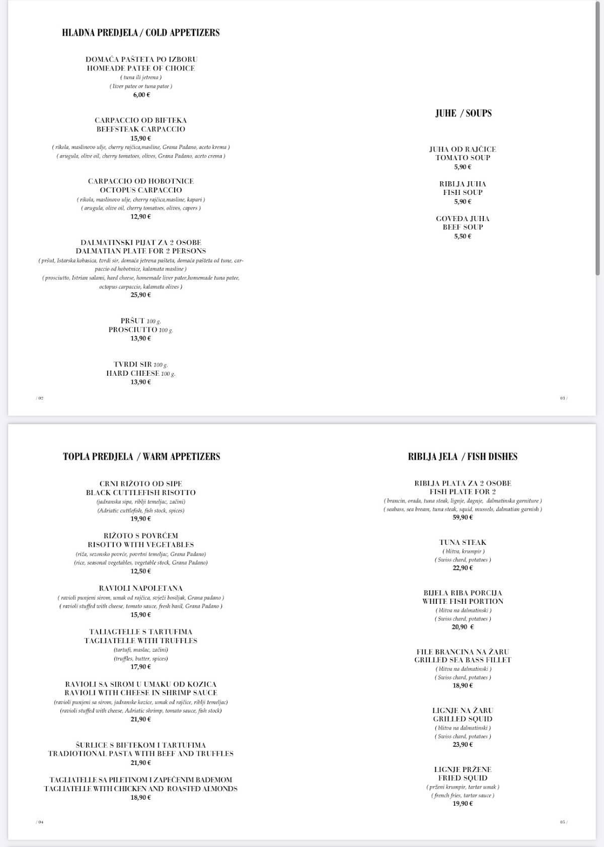 Menu di Restaurant Kala - Zadar 