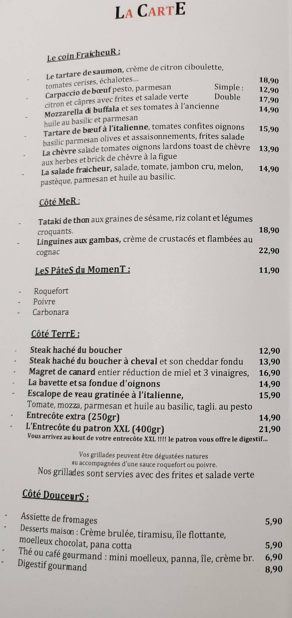 Menu de Restaurant LE PAPAREIL