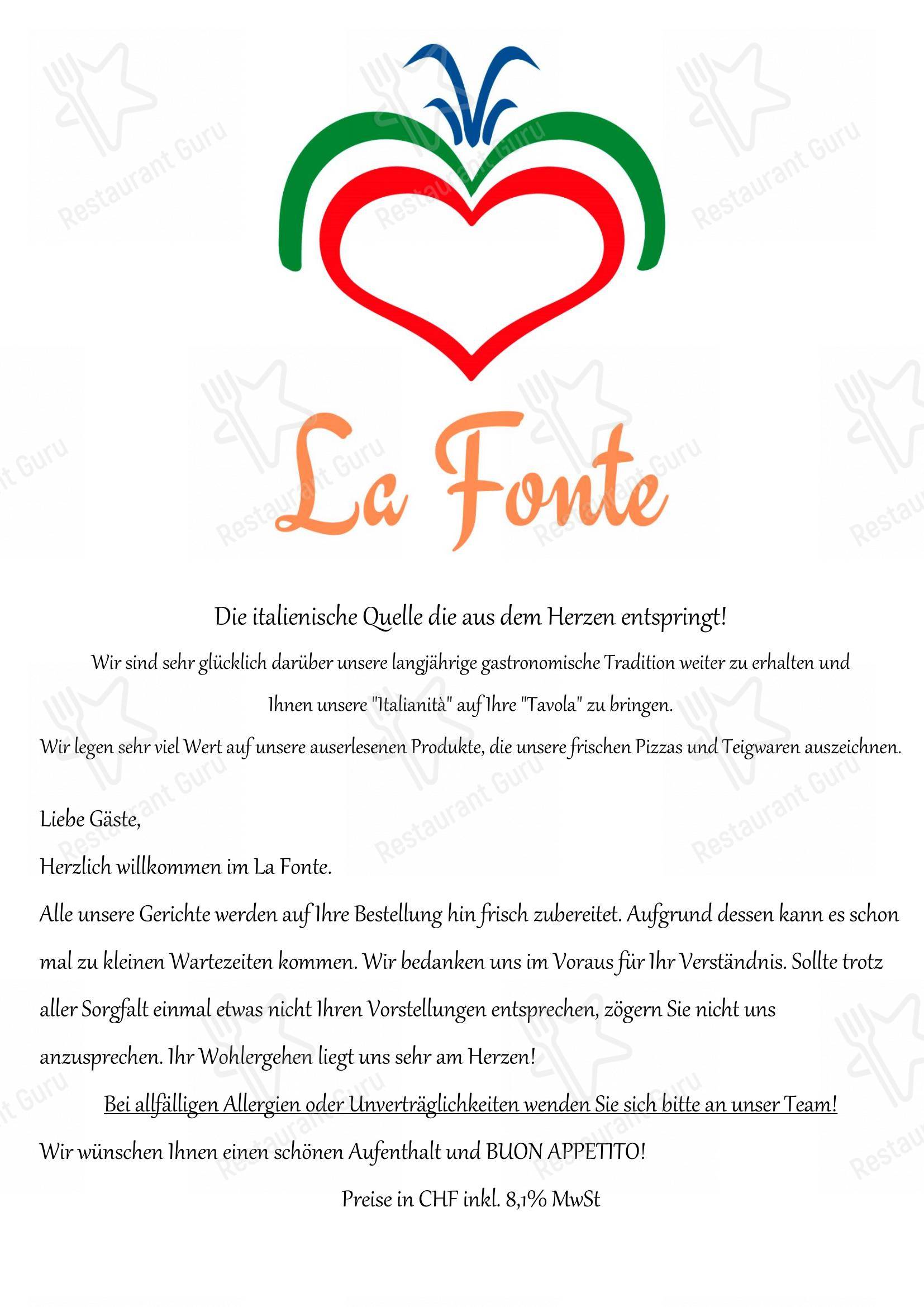 Restaurant La Fonte in Zurigo - Menu