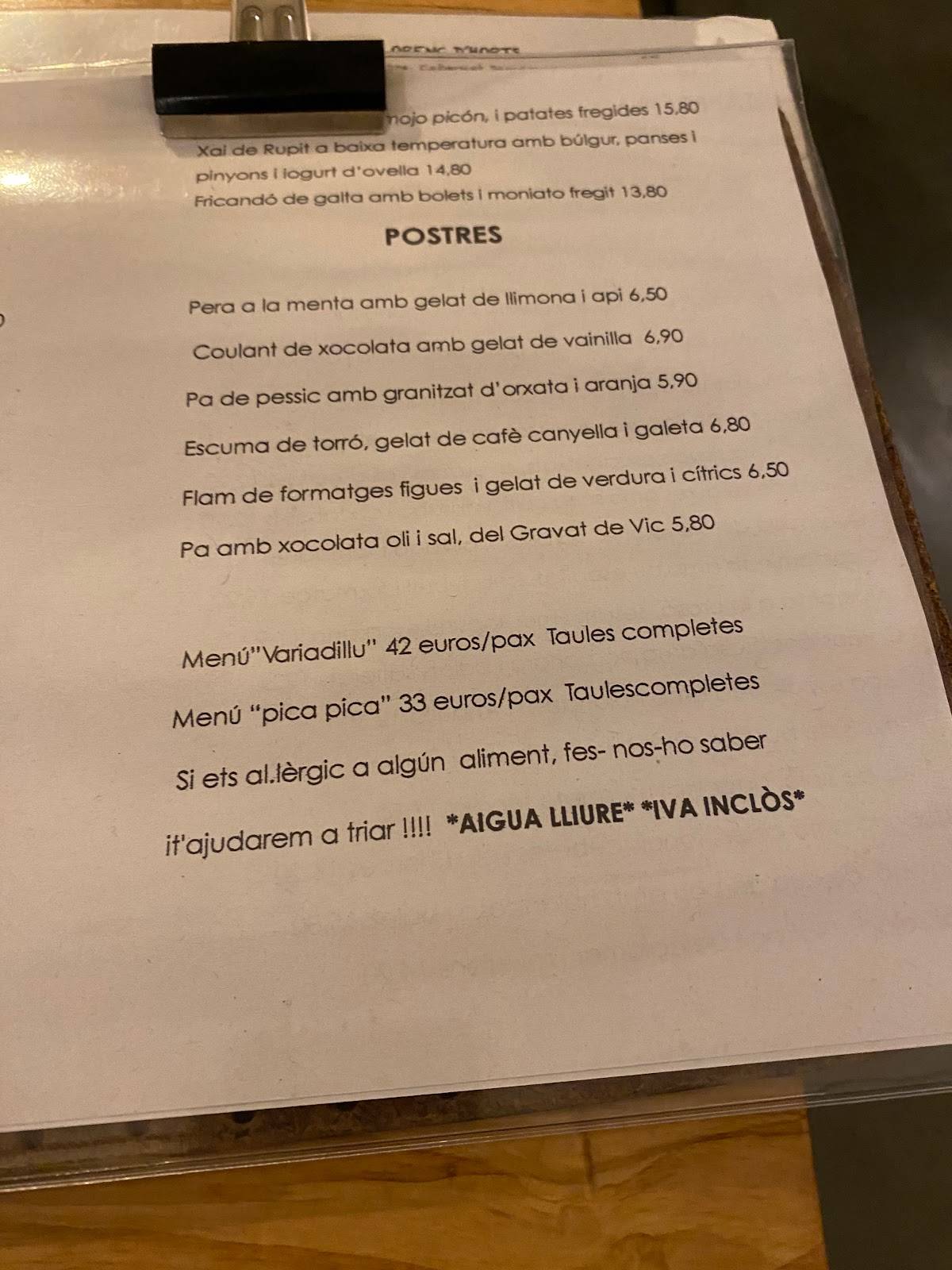 Carta de Restaurant La Panxa del Bisbe, Barcelona