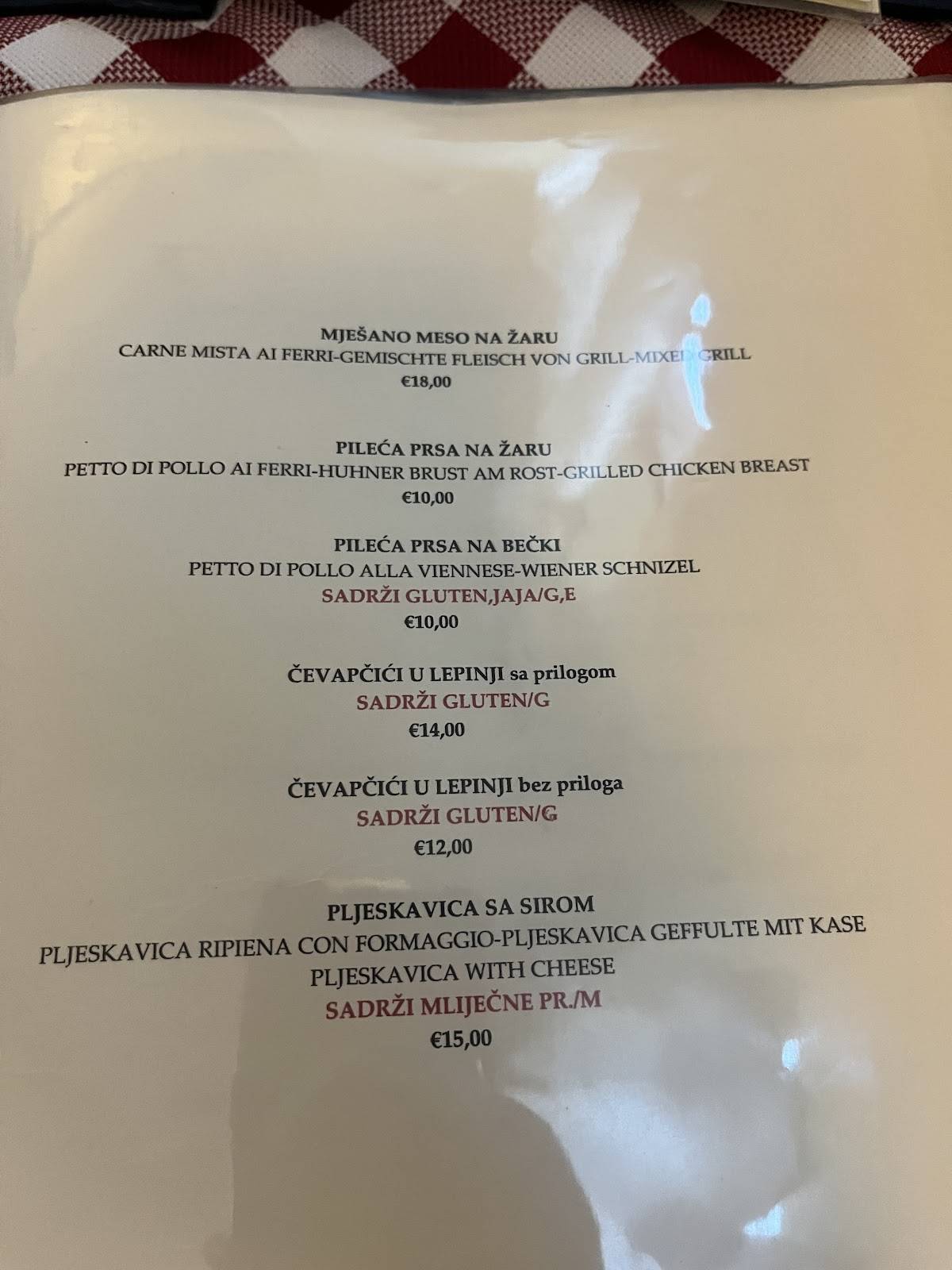 Menu di La Vela gostionica 