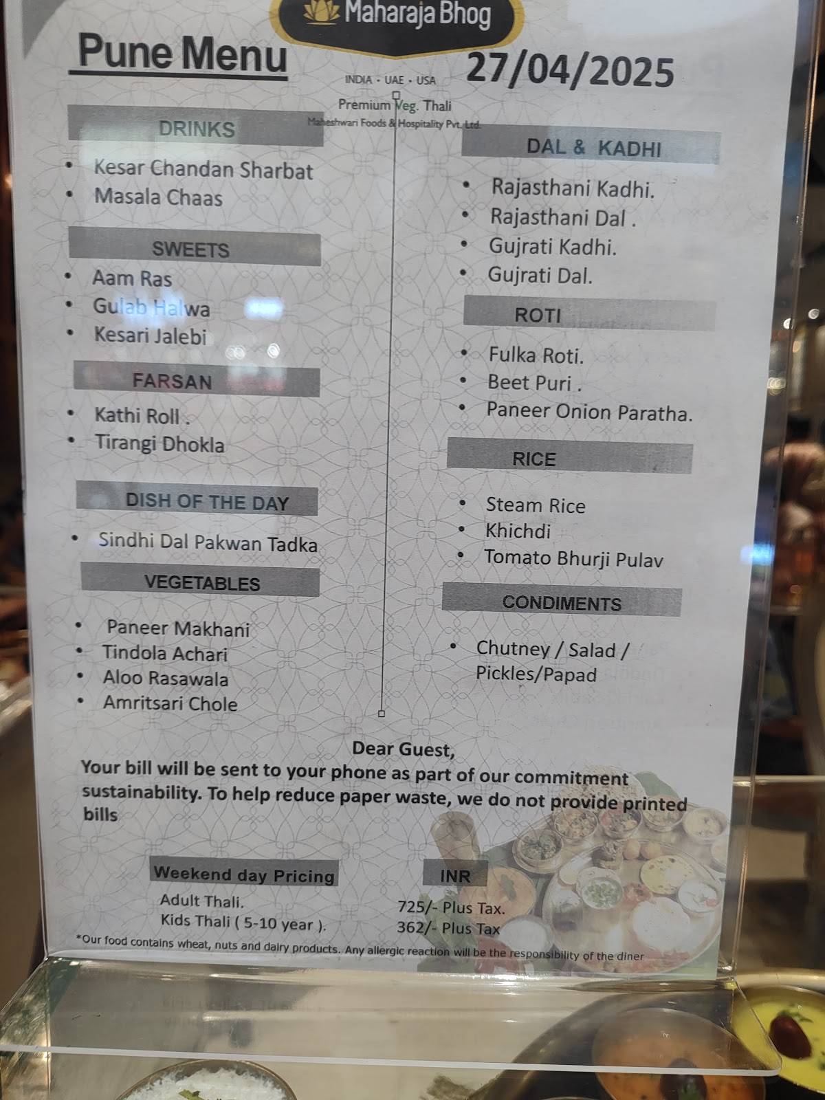 Maharaja Bhog Premium Veg Thali menu
