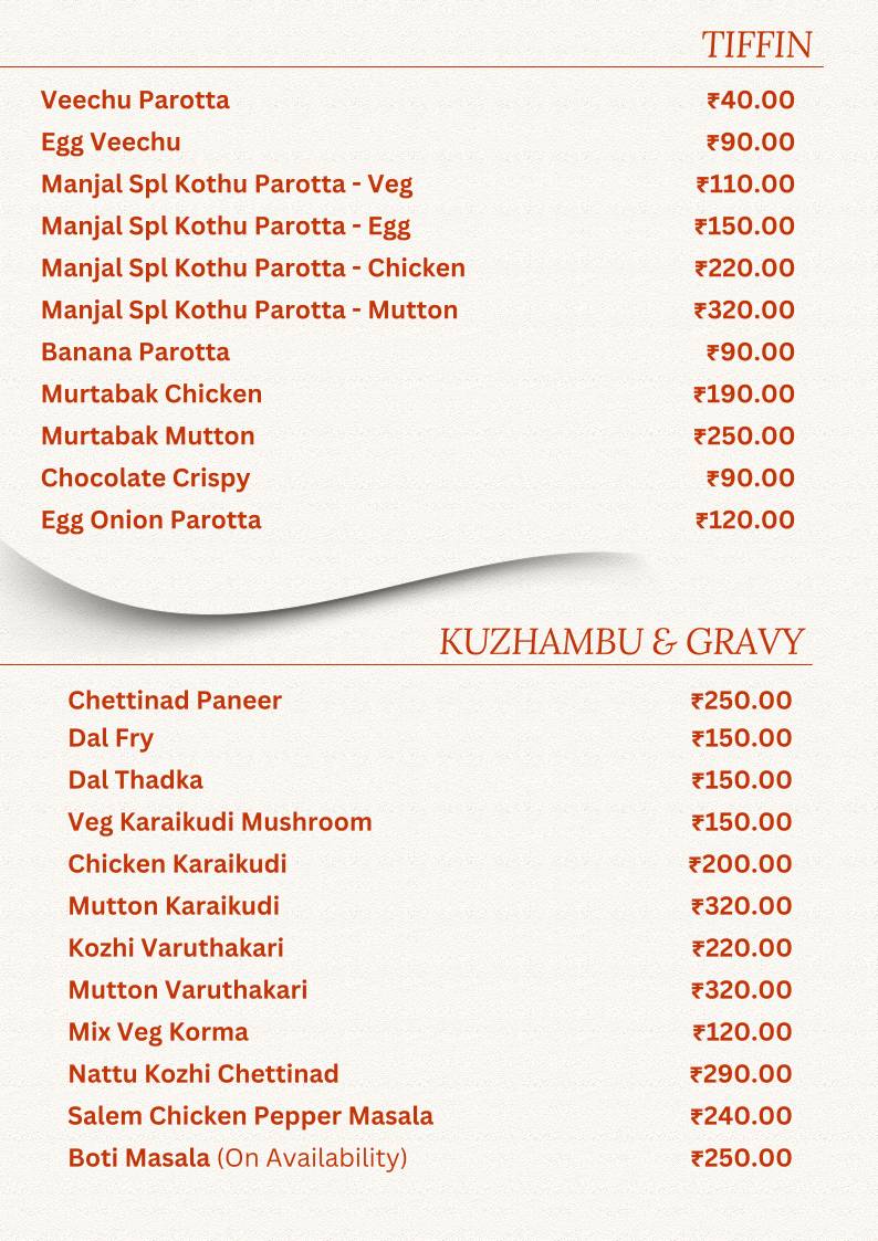 Malli Restaurants, Yercaud (aka MANJAL restaurant) menu