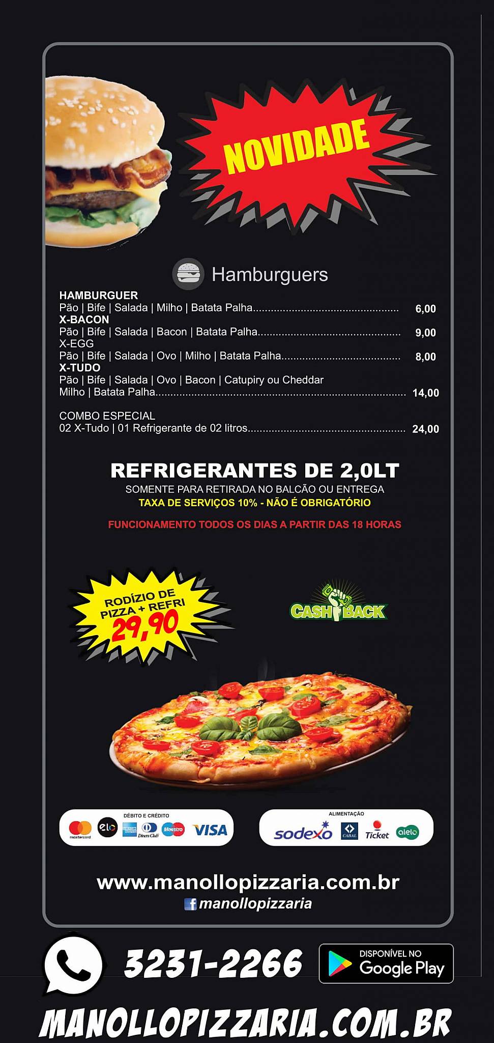 Manollo Pizzaria cardápio