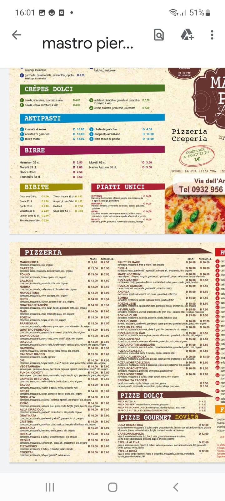 Menu di Mastro Pizza 