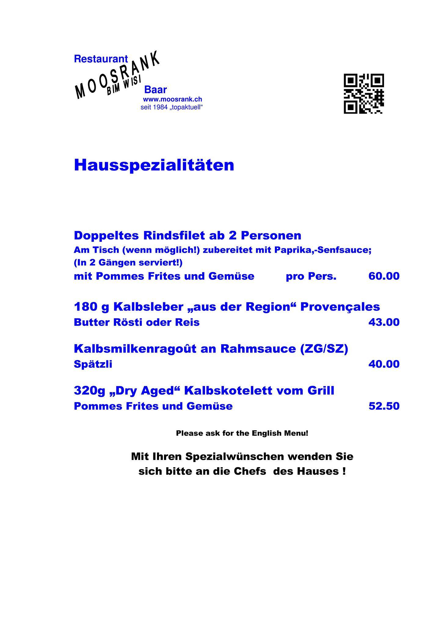 Menu di Restaurant Moosrank 