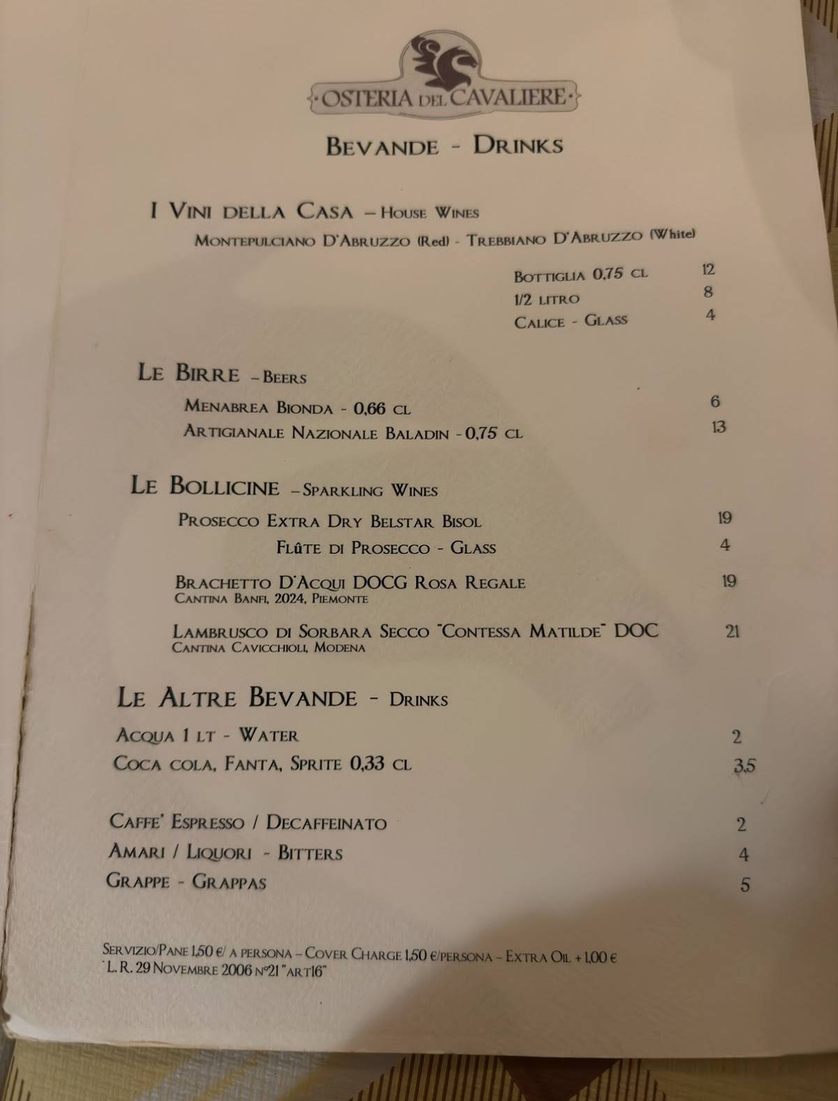 Menu di Osteria del Cavaliere 