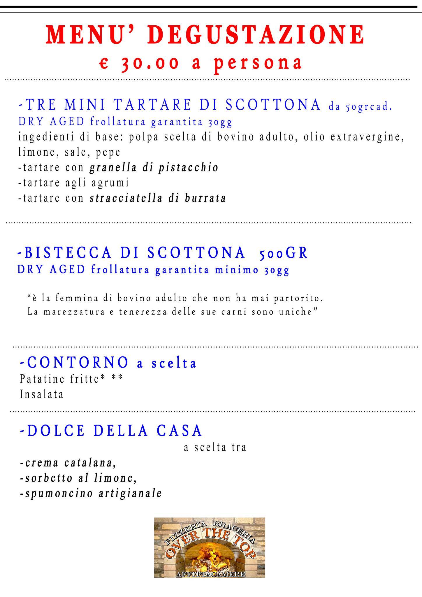Menu di Over The Top Pizzeria Braceria 