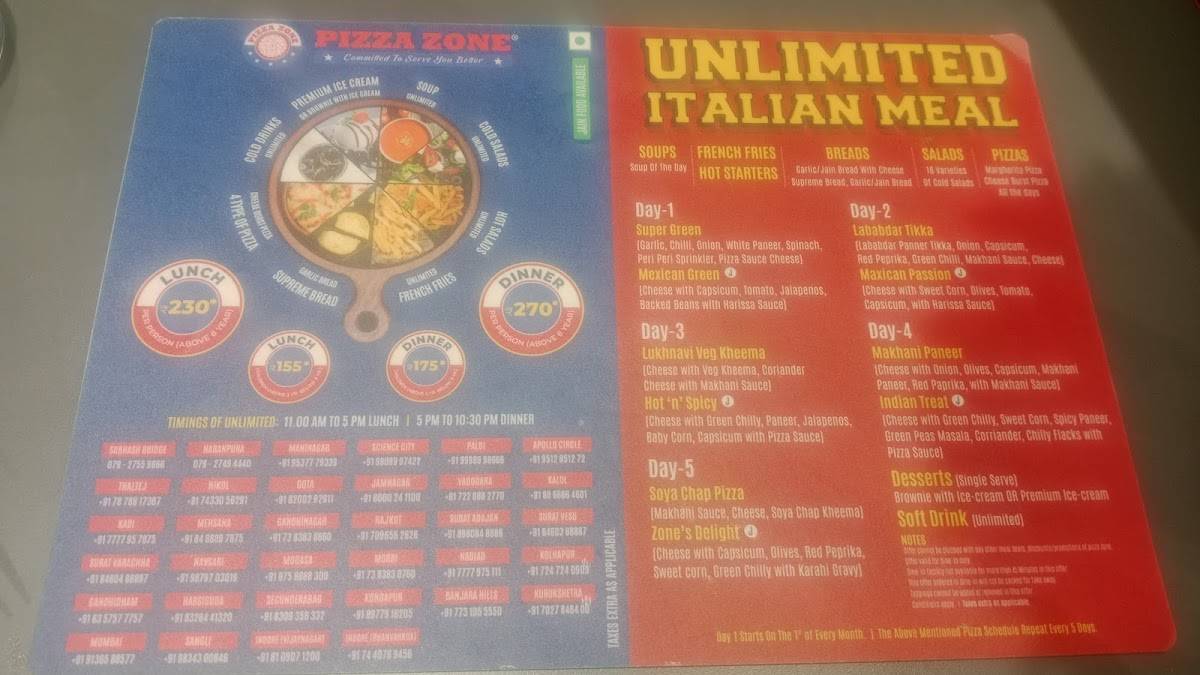 PIZZA ZONE menu