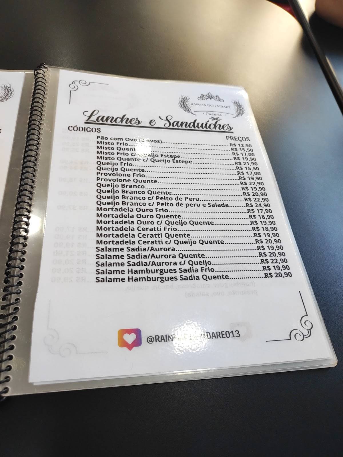 Panificadora Rainha do Embaré cardápio