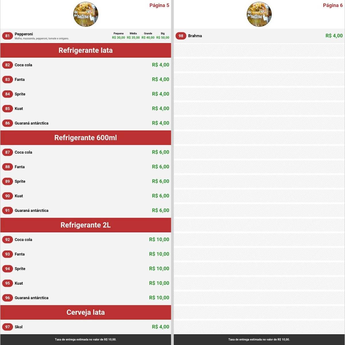 Pizzaria Ponteon cardápio