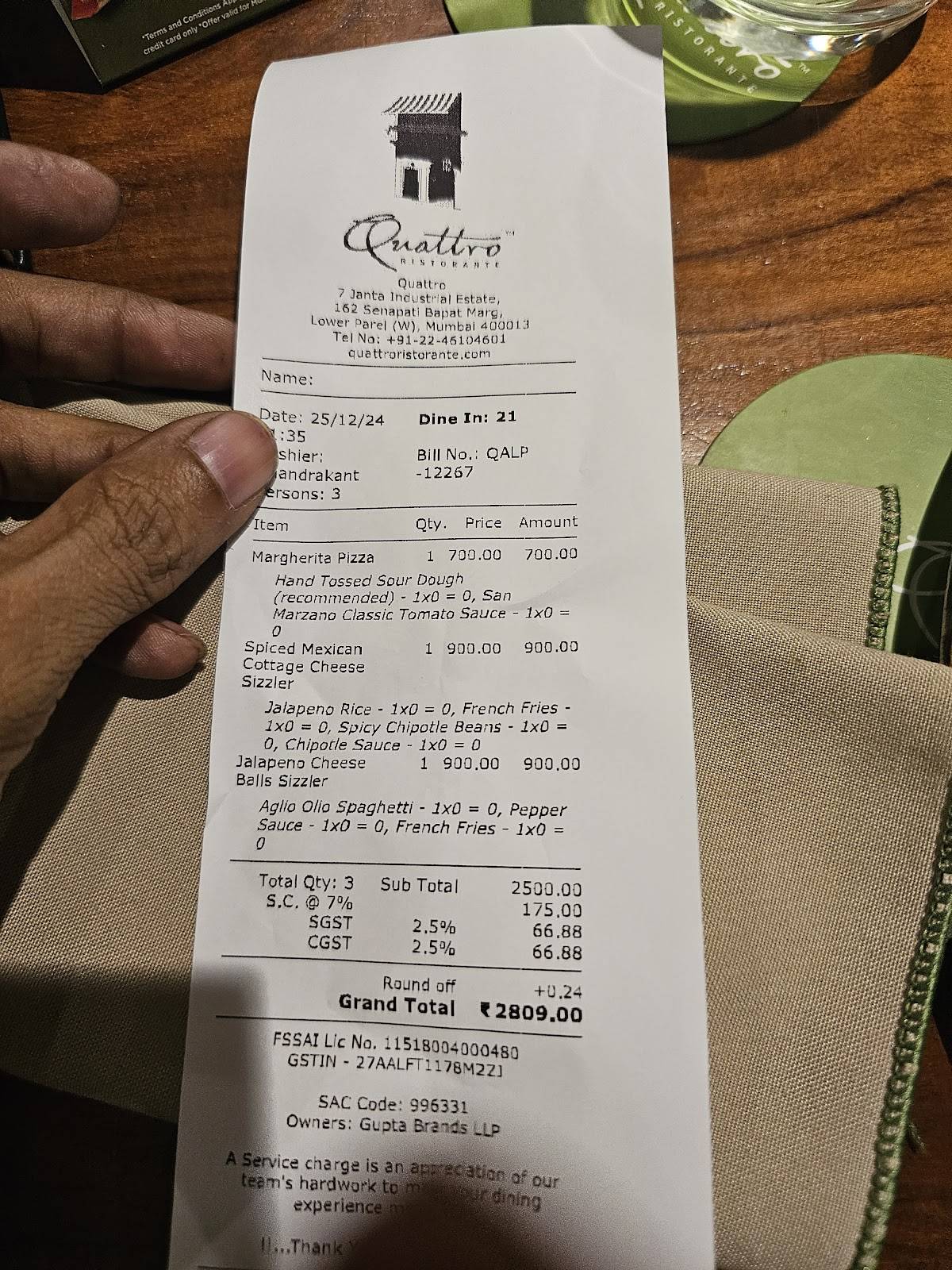 Quattro Ristorante, Lower Parel menu