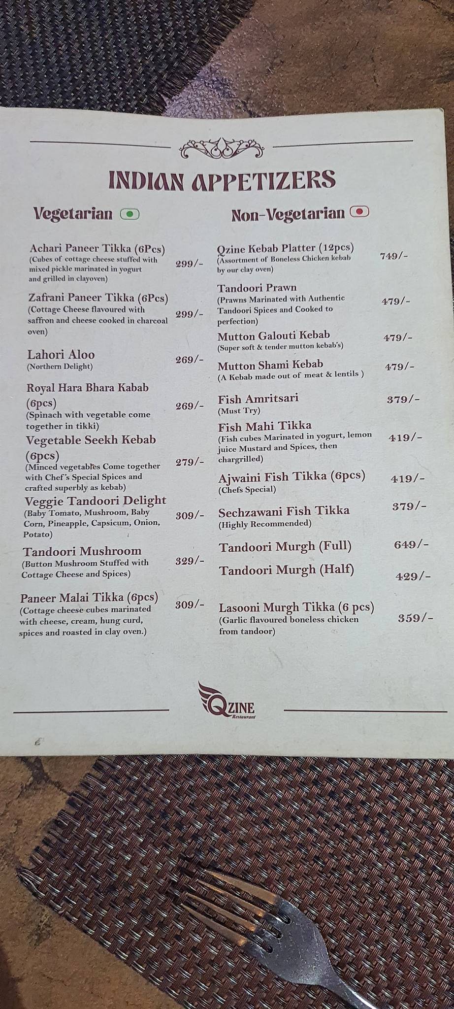 Qzine Restaurant menu